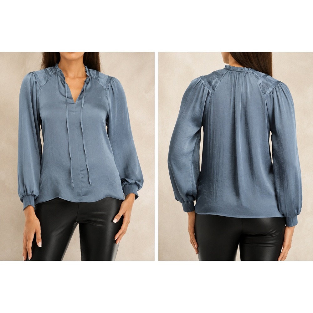 NWT Philosophy Satin Blouse Medium Blue Long Sleeve Boho Romantic Office Top
